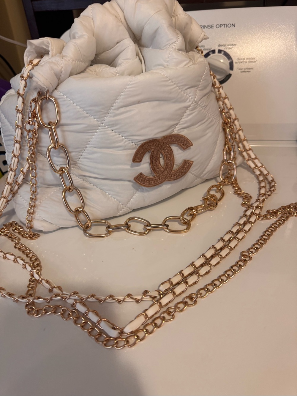 Chanel Cream Quilted Shoulder Bag with Tan Logo and Gold Chain